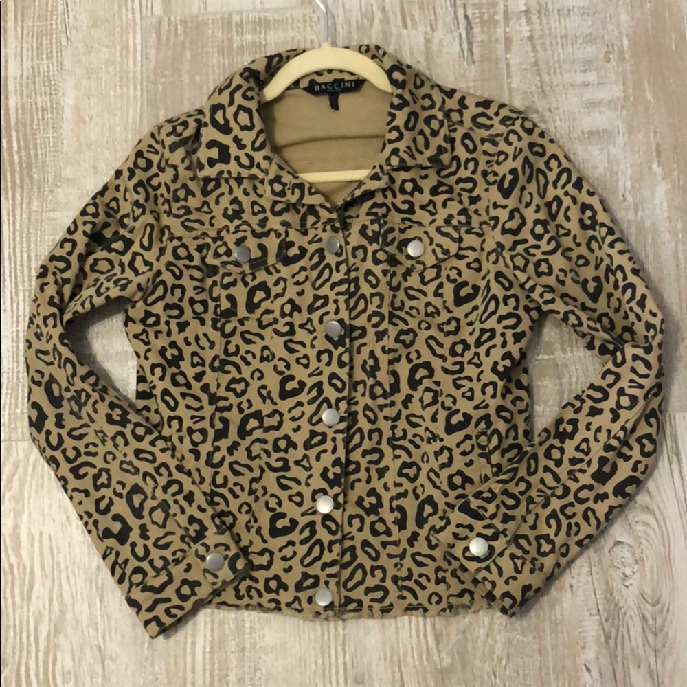 Baccini Leopard Print Denim Jean Jacket Raw Hem